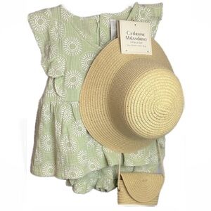 Catherine Malandrino Complete Outfit Sunburst Dress Set Straw Hat Purse MSRP$64